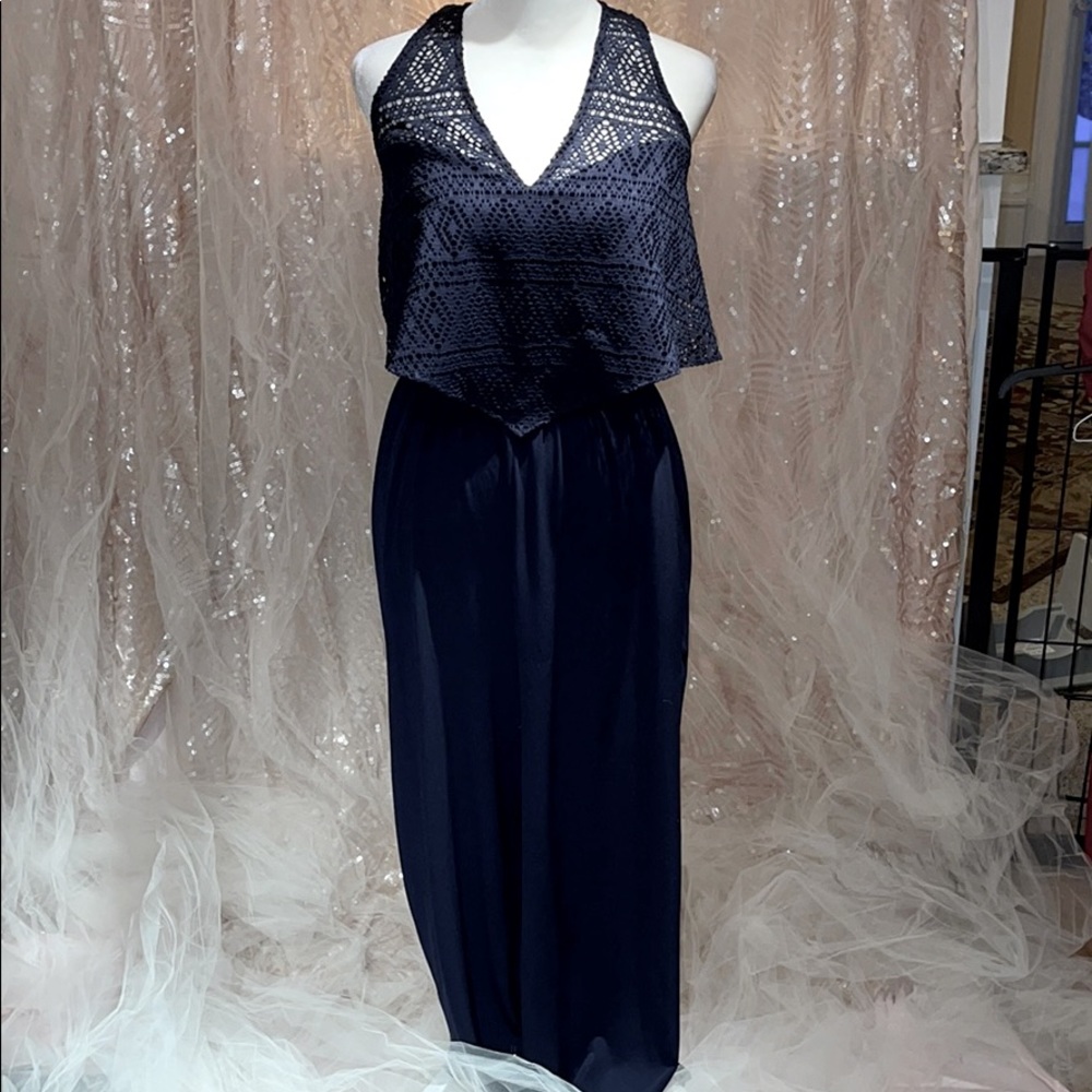 Navy halter top jumpsuit with pockets